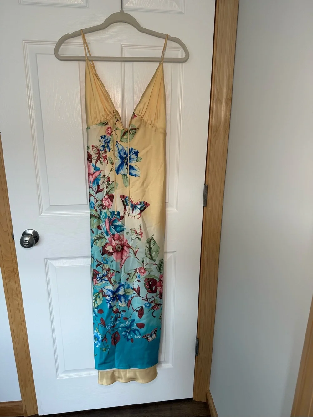 Abercrombie Floral Satin Slip Midi Dress Yellow Blue | Size S
